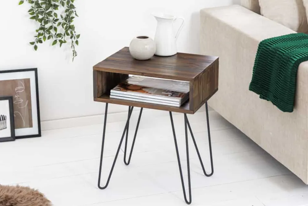 Riess-Ambiente Mehr...|Massivholztische > Massivholz Beistelltisch SCORPION 55cm Akazie Nachttisch mit Ablage Hairpin Legs Metall