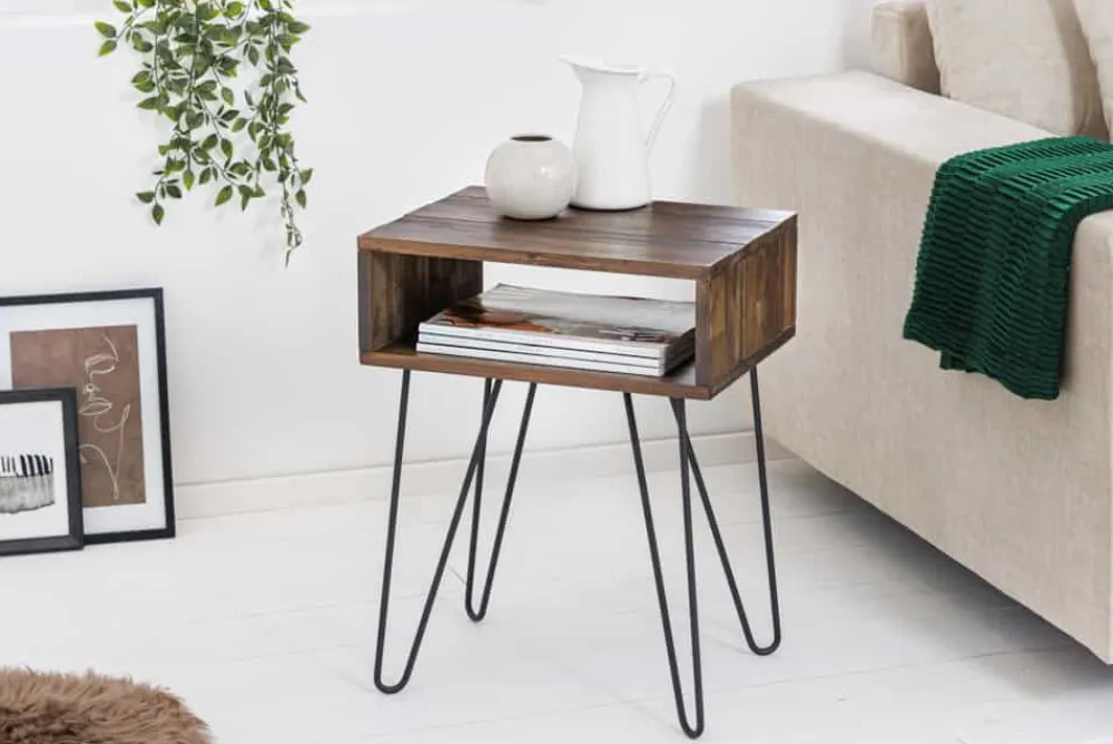 Riess-Ambiente Mehr...|Massivholztische > Massivholz Beistelltisch SCORPION 55cm Akazie Nachttisch mit Ablage Hairpin Legs Metall