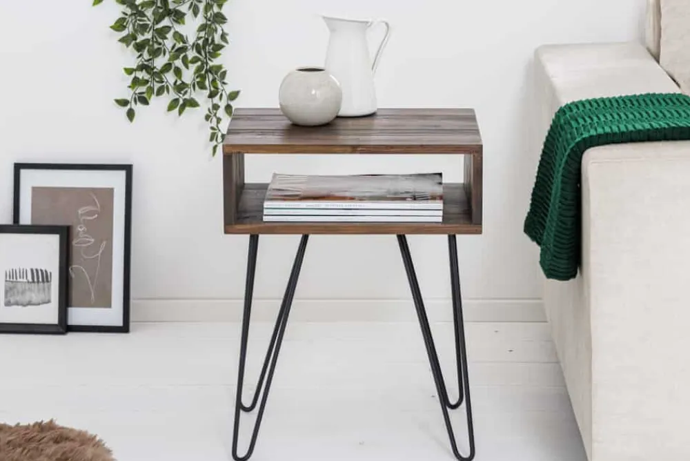 Riess-Ambiente Mehr...|Massivholztische > Massivholz Beistelltisch SCORPION 55cm Akazie Nachttisch mit Ablage Hairpin Legs Metall