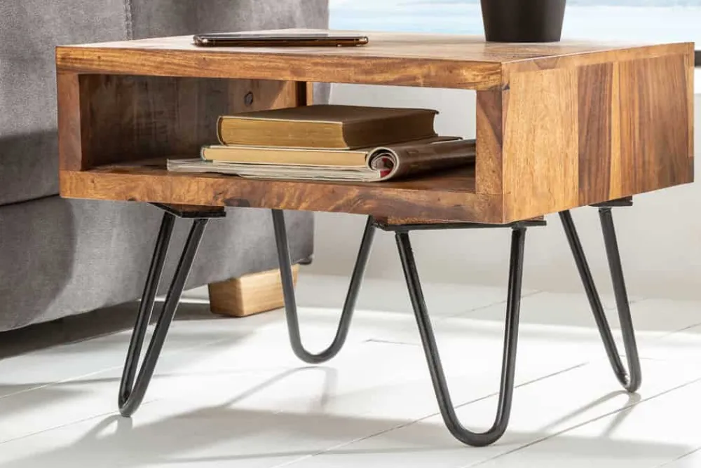 Riess-Ambiente Industrial Loft|Mehr... > Massivholz Beistelltisch SCORPION 45cm braun Sheesham stone finish Hairpin Legs Stauraum
