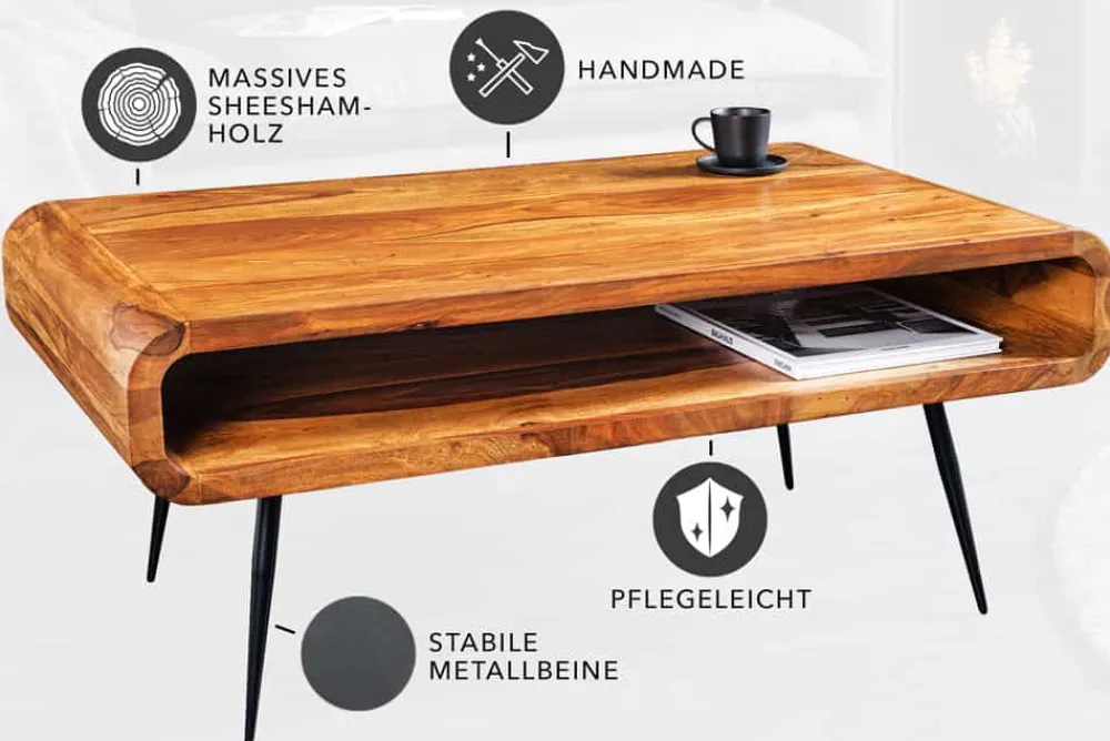 Riess-Ambiente Mehr...|Couchtische > Massivholz Couchtisch ALPHA 90cm braun Sheesham stone finish Metallbeine mit Stauraum