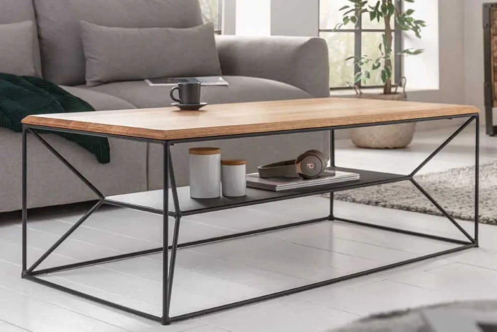 Riess-Ambiente Mehr...|Industrial Loft > Massivholz Couchtisch ARCHITECTURE 110cm Eiche geölt schwarzes Metallgestell mit Ablage