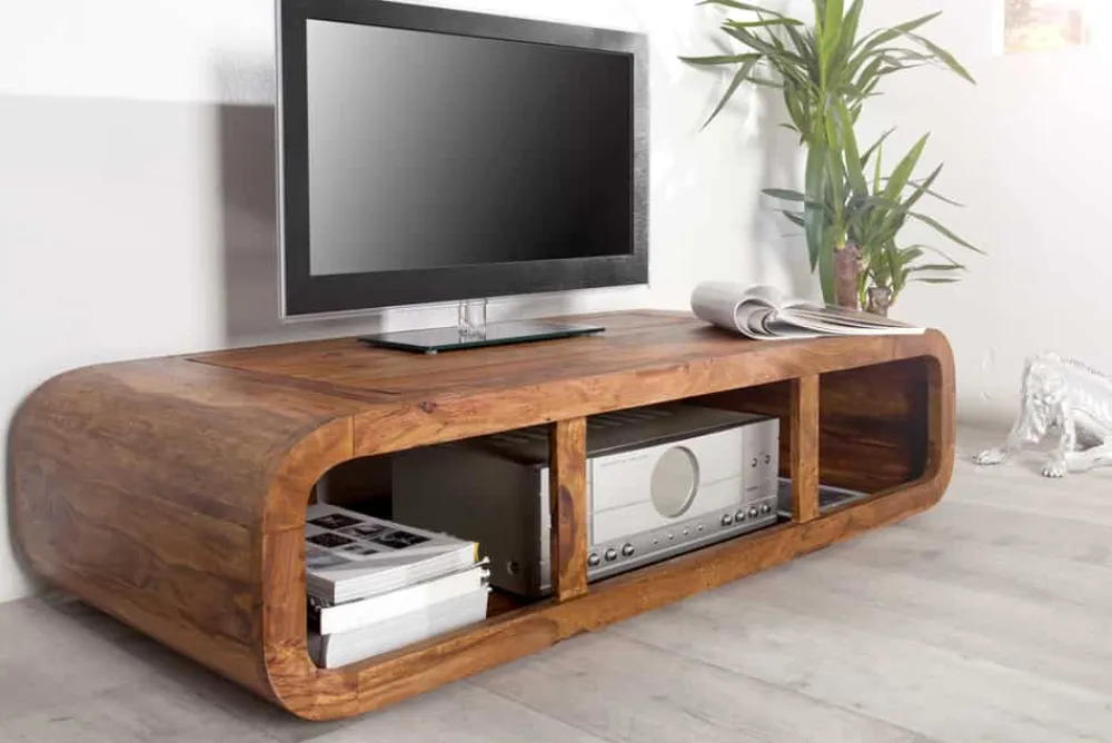 Riess-Ambiente Couchtische & Truhen|Tv- & Lowboards > Massivholz Couchtisch CURVED 100cm braun Sheesham stone finish TV-Lowboard Stauraum
