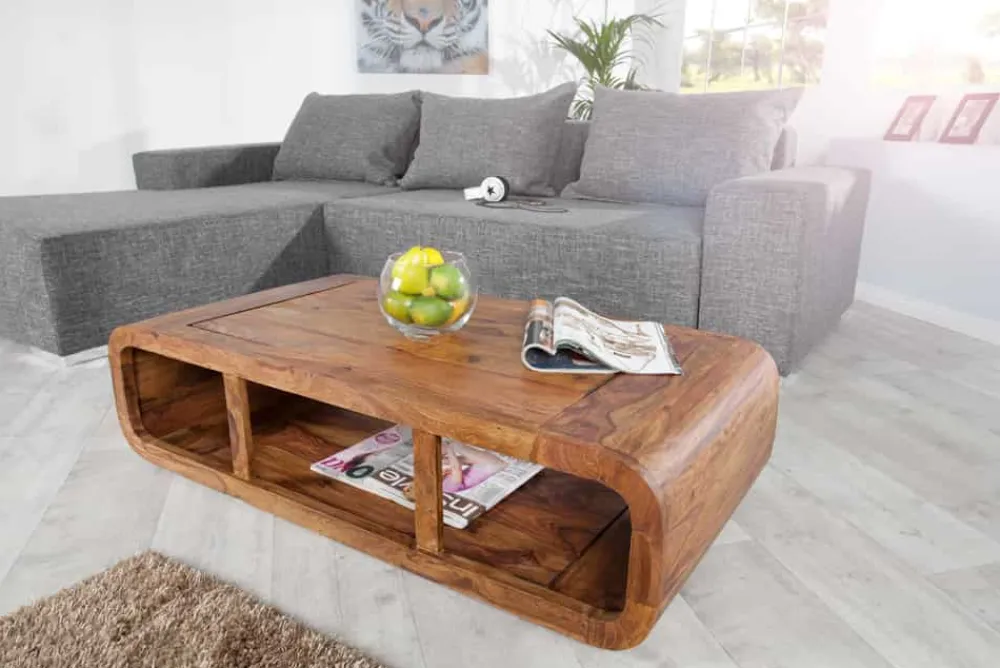 Riess-Ambiente Couchtische & Truhen|Tv- & Lowboards > Massivholz Couchtisch CURVED 100cm braun Sheesham stone finish TV-Lowboard Stauraum
