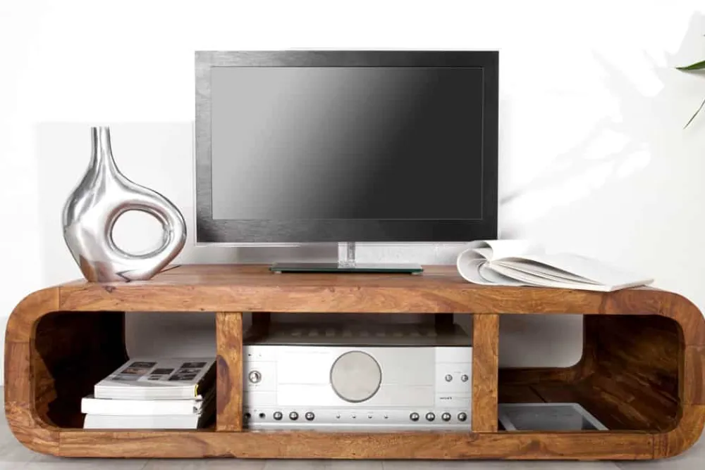 Riess-Ambiente Couchtische & Truhen|Tv- & Lowboards > Massivholz Couchtisch CURVED 100cm braun Sheesham stone finish TV-Lowboard Stauraum