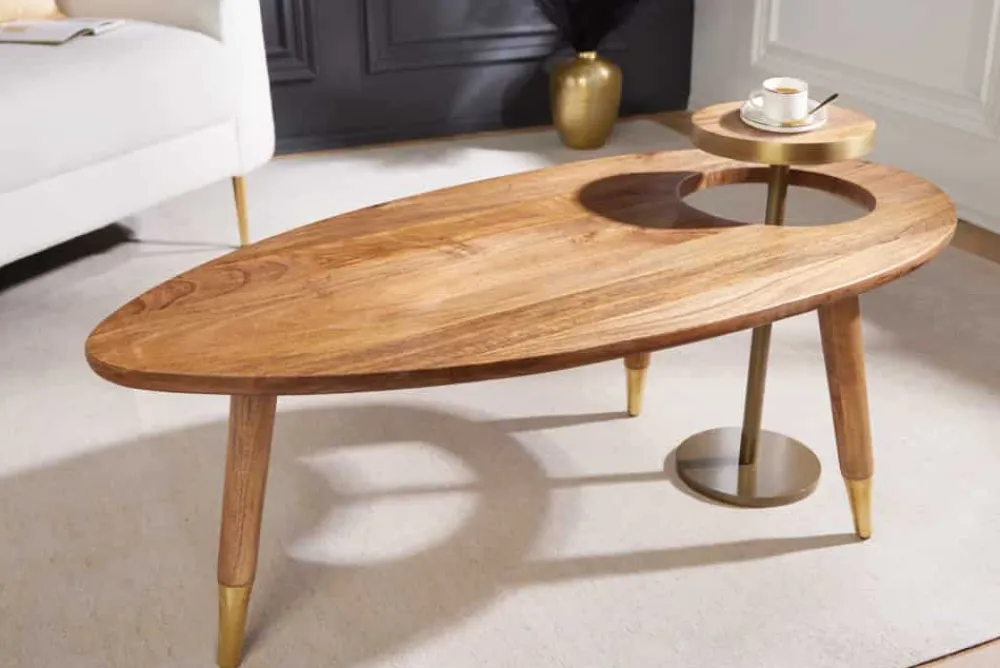 Riess-Ambiente Goldene Möbel|Couchtische & Truhen > Massivholz Couchtisch GATSBY 110cm braun gold Mango oval rund Beistelltisch 2er Set Retro Design