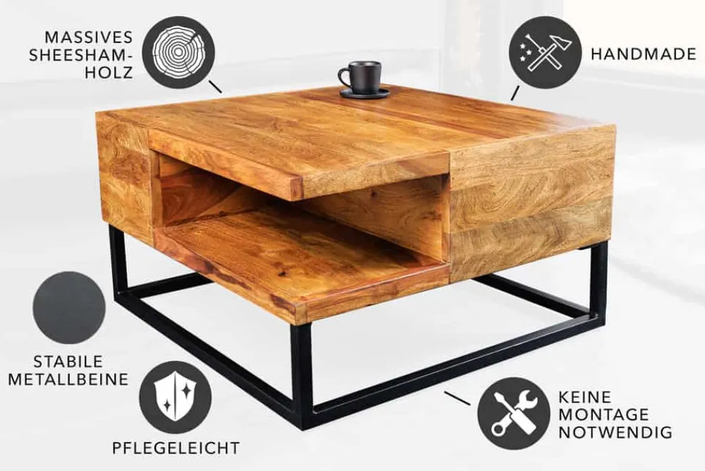 Riess-Ambiente Mehr...|Couchtische > Massivholz Couchtisch GIANT 60cm braun Sheesham stone finish Metall schwarz Ablage