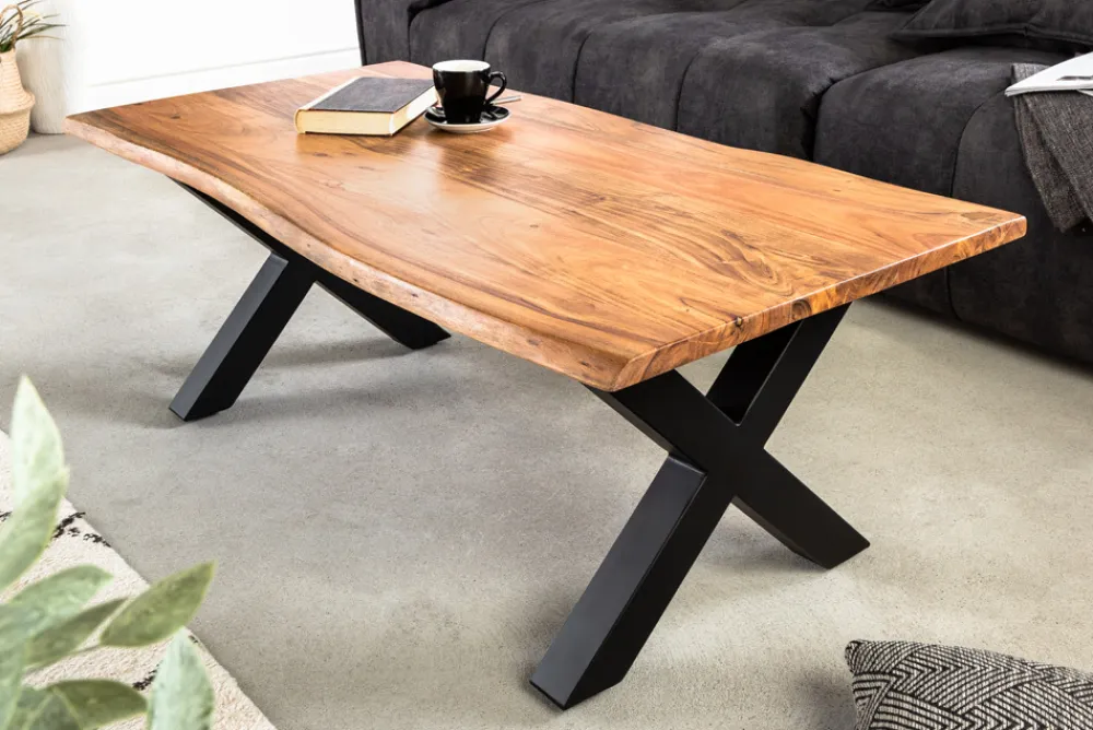 Riess-Ambiente Couchtische & Truhen|Mehr... > Massivholz Couchtisch MAMMUT 120cm Akazie Honey Finish X-Gestell schwarz 2,5cm Tischplatte