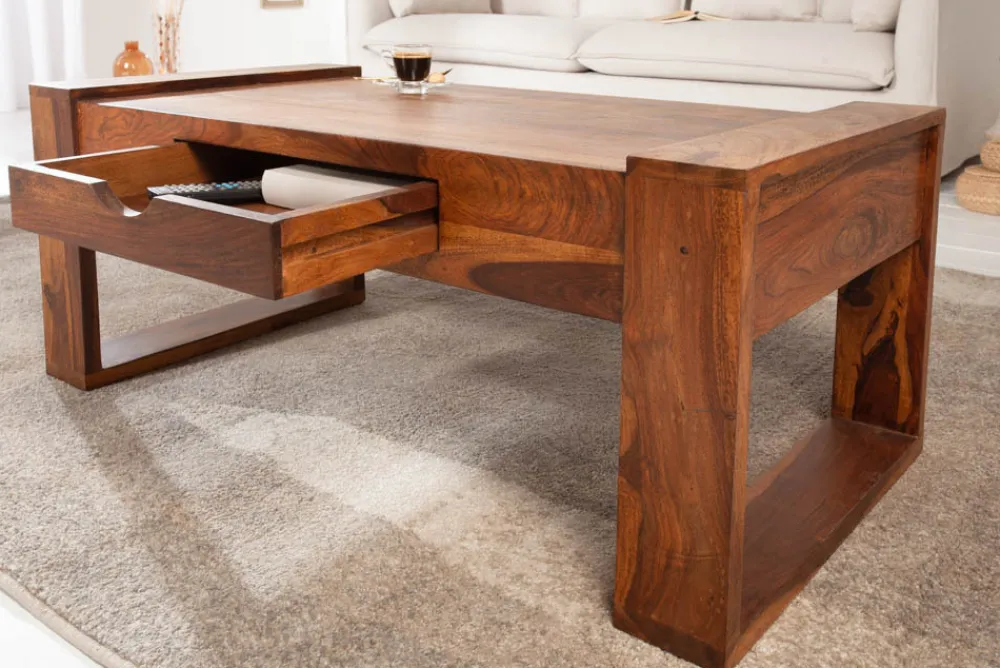 Riess-Ambiente Mehr...|Couchtische > Massivholz Couchtisch MARKANT 100cm braun Sheesham stone finish Schublade Stauraum