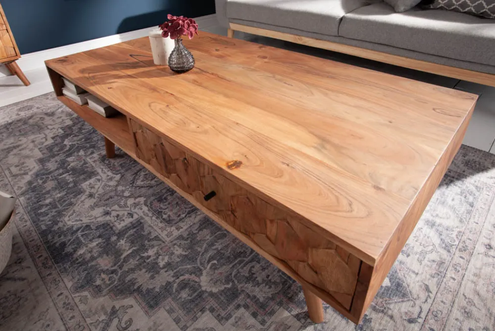 Riess-Ambiente Couchtische & Truhen|Mehr... > Massivholz Couchtisch MYSTIC LIVING 100cm natur Akazie mit Stauraum Schubladen Ablagefach