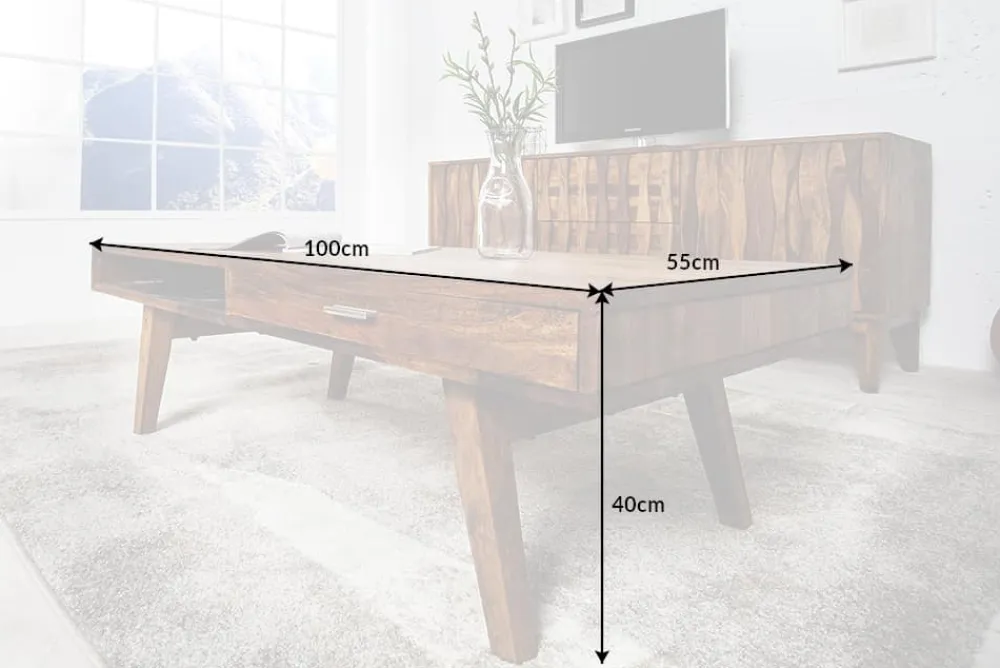 Riess-Ambiente Couchtische & Truhen|Mehr... > Massivholz Couchtisch RETRO 100cm braun Sheesham stone finish Schubladen handmade