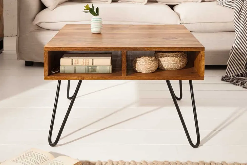 Riess-Ambiente Couchtische & Truhen|Industrial Loft > Massivholz Couchtisch SCORPION 60cm braun Sheesham stone finish Stauraum Hairpin Legs