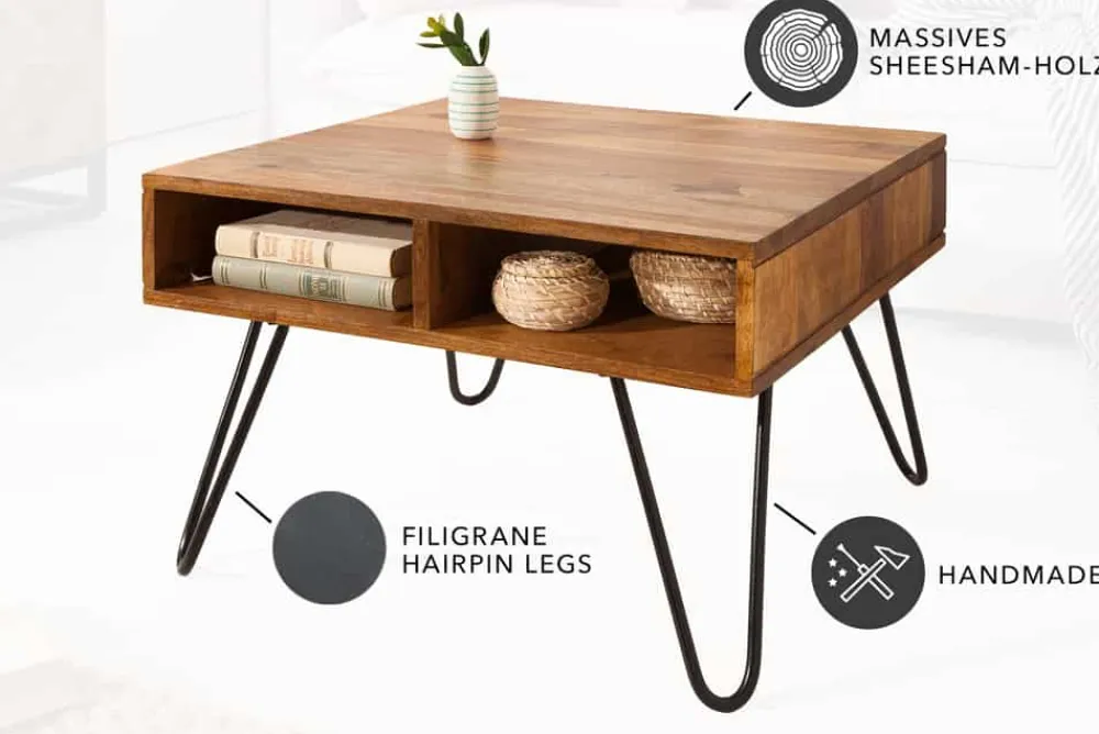 Riess-Ambiente Couchtische & Truhen|Industrial Loft > Massivholz Couchtisch SCORPION 60cm braun Sheesham stone finish Stauraum Hairpin Legs