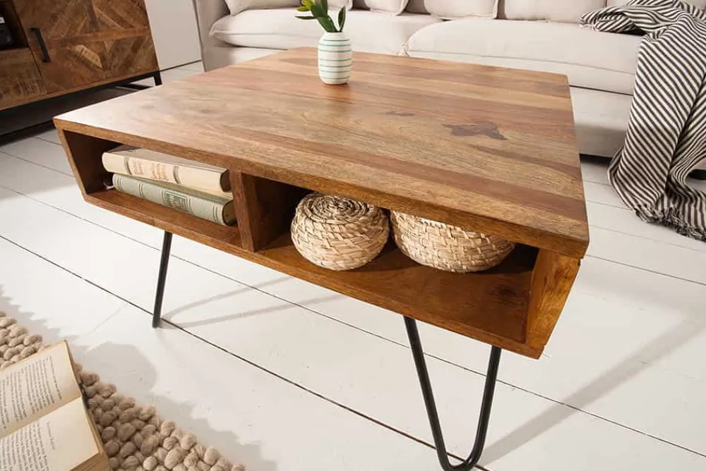 Riess-Ambiente Couchtische & Truhen|Industrial Loft > Massivholz Couchtisch SCORPION 60cm braun Sheesham stone finish Stauraum Hairpin Legs