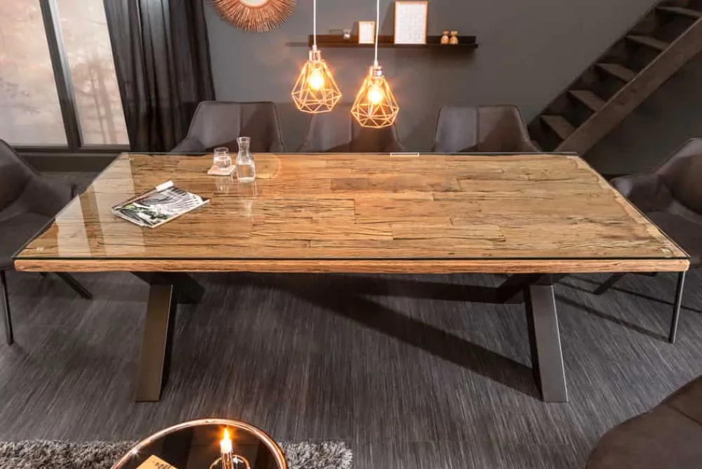 Riess-Ambiente Mehr...|Massivholzesstische > Massivholz Esstisch BARRACUDA 220cm natur Teak schwarz Metall X-Gestell inkl. Glasplatte