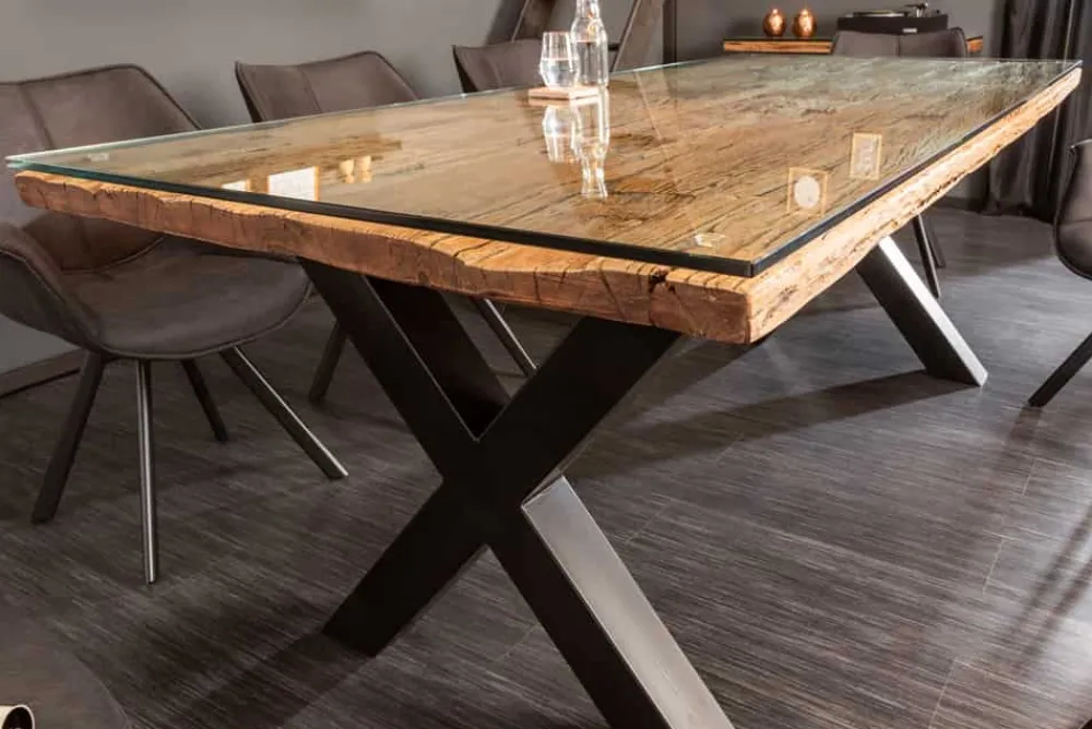 Riess-Ambiente Mehr...|Massivholzesstische > Massivholz Esstisch BARRACUDA 220cm natur Teak schwarz Metall X-Gestell inkl. Glasplatte