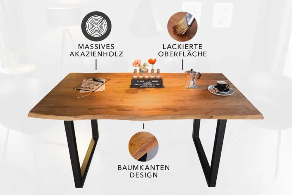 Riess-Ambiente Esstische|Mehr... > Massivholz Esstisch MAMMUT 160cm Wild-Akazie Industrial Design 2,6cm Tischplatte Baumkante