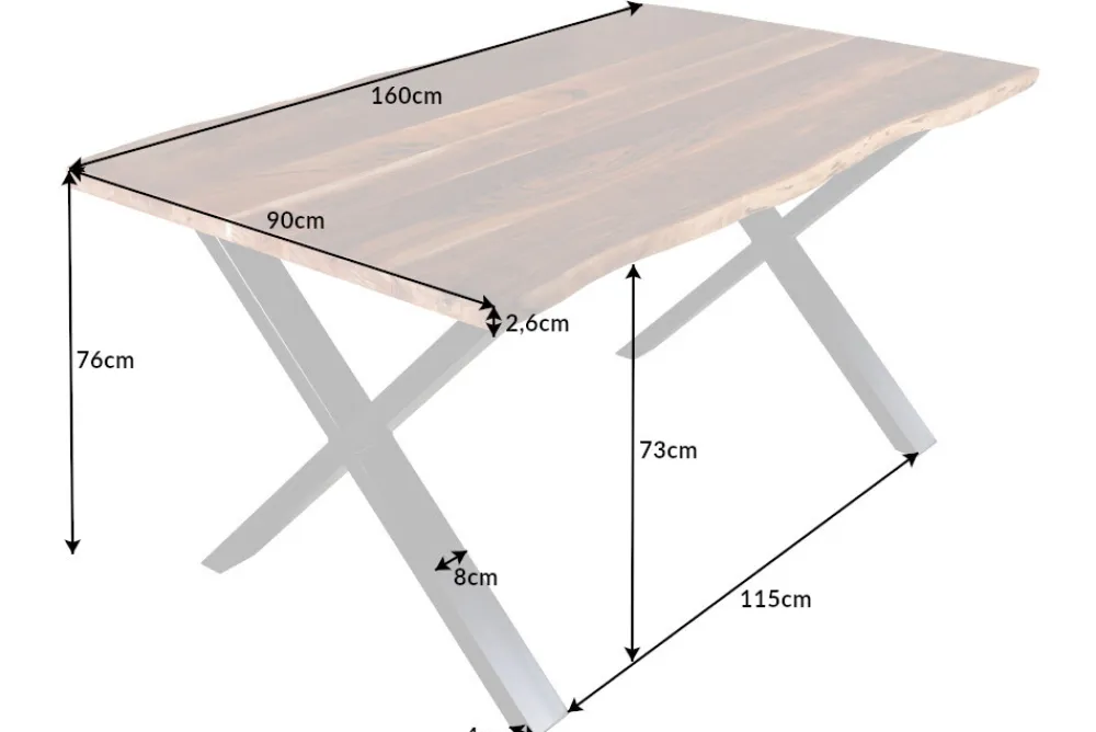 Riess-Ambiente Mehr...|Massivholzesstische > Massivholz Esstisch MAMMUT 160cm Akazie Baumkante X-Gestell Industrial Design 2,6 cm Platte