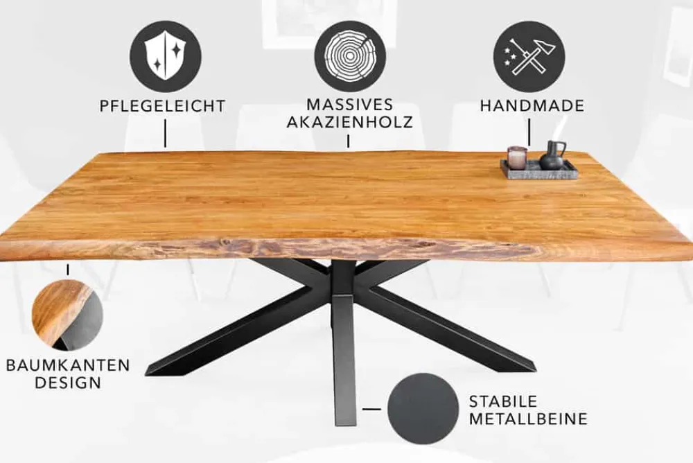 Riess-Ambiente Esstische|Mehr... > Massivholz Esstisch MAMMUT 200cm Akazie schwarz Metall Baumkante 5cm Tischplatte