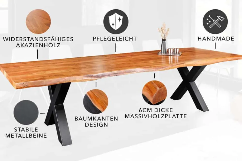 Riess-Ambiente Mehr...|Massivholzesstische > Massivholz Esstisch MAMMUT 300cm Akazie X-Gestell schwarz Metall Baumkante 6cm Tischplatte