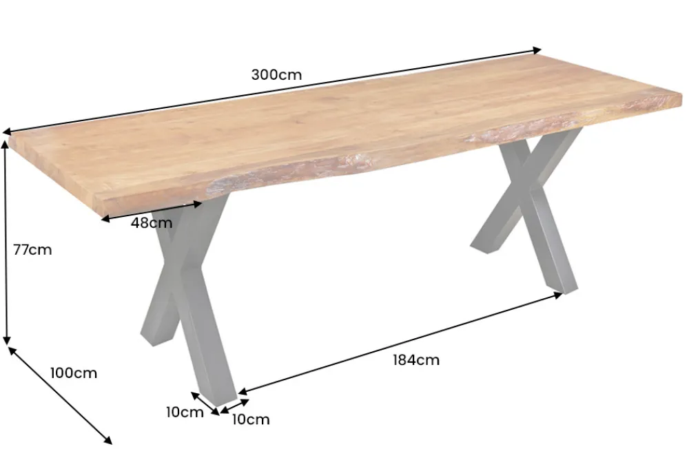 Riess-Ambiente Mehr...|Massivholzesstische > Massivholz Esstisch MAMMUT 300cm Akazie X-Gestell schwarz Metall Baumkante 6cm Tischplatte