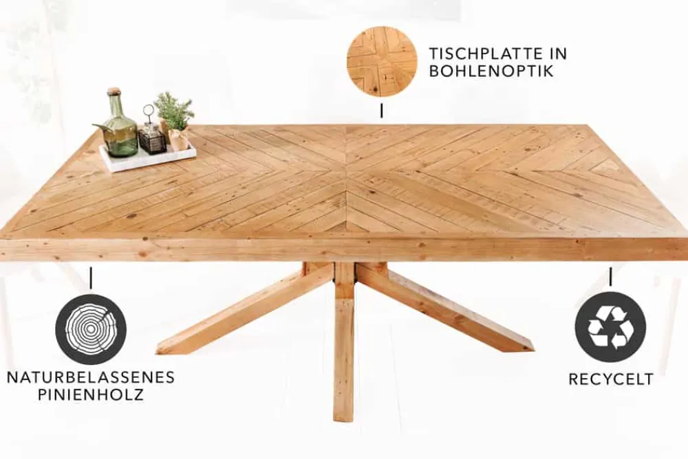 Riess-Ambiente Mehr...|Massivholzesstische > Massivholz Esstisch MOSAIK 200cm natur Pinienholz recycelt Sterngestell
