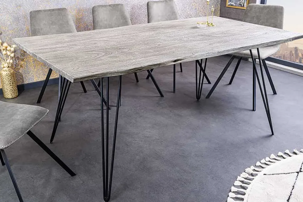 Riess-Ambiente Esstische|Mehr... > Massivholz Esstisch SCORPION 140cm grau Akazie Baumkante schwarze Metallbeine Hairpin Legs