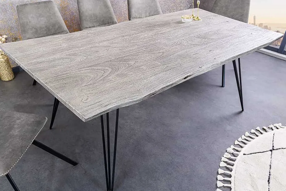 Riess-Ambiente Esstische|Mehr... > Massivholz Esstisch SCORPION 140cm grau Akazie Baumkante schwarze Metallbeine Hairpin Legs