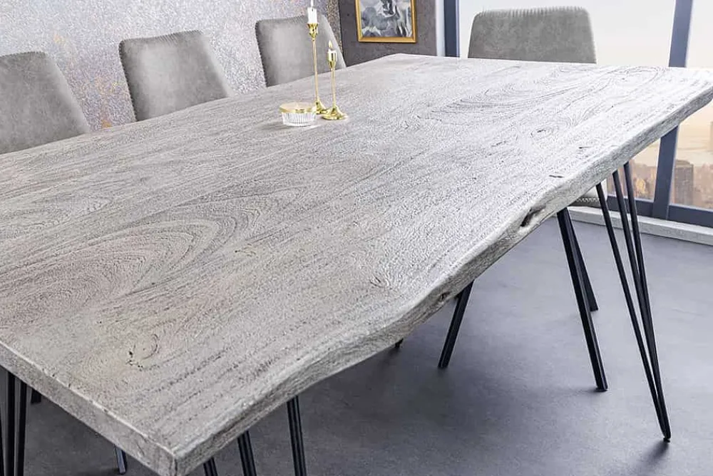 Riess-Ambiente Esstische|Mehr... > Massivholz Esstisch SCORPION 140cm grau Akazie Baumkante schwarze Metallbeine Hairpin Legs