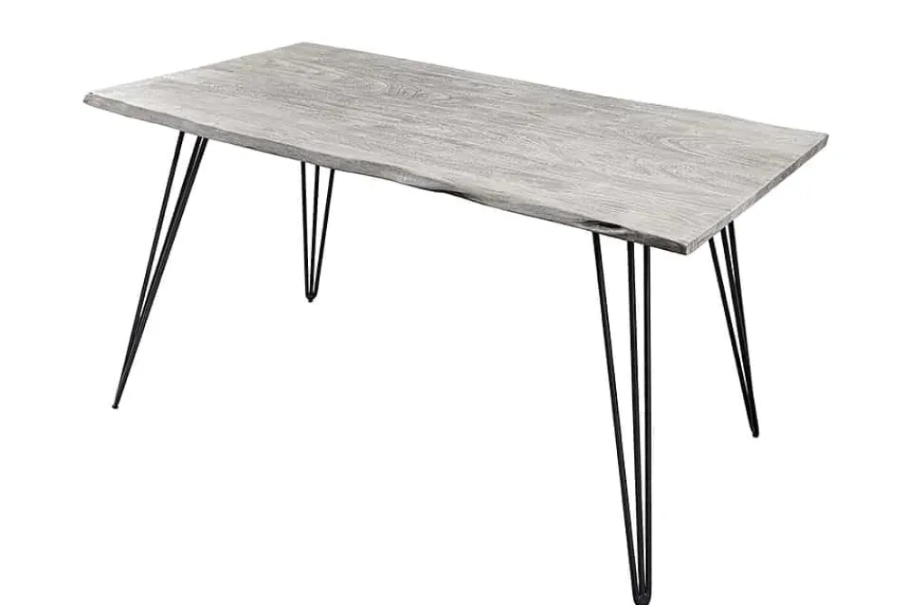 Riess-Ambiente Esstische|Mehr... > Massivholz Esstisch SCORPION 140cm grau Akazie Baumkante schwarze Metallbeine Hairpin Legs