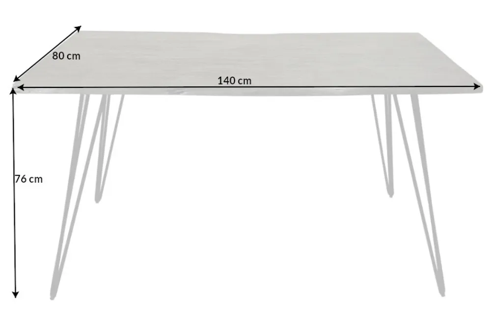 Riess-Ambiente Esstische|Mehr... > Massivholz Esstisch SCORPION 140cm grau Akazie Baumkante schwarze Metallbeine Hairpin Legs