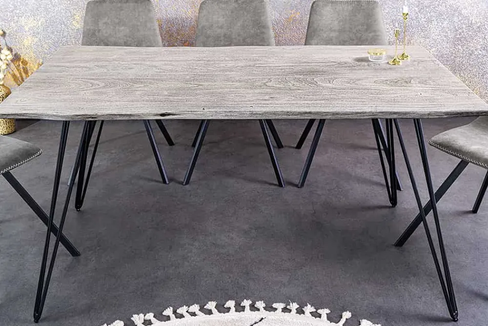 Riess-Ambiente Esstische|Mehr... > Massivholz Esstisch SCORPION 140cm grau Akazie Baumkante schwarze Metallbeine Hairpin Legs