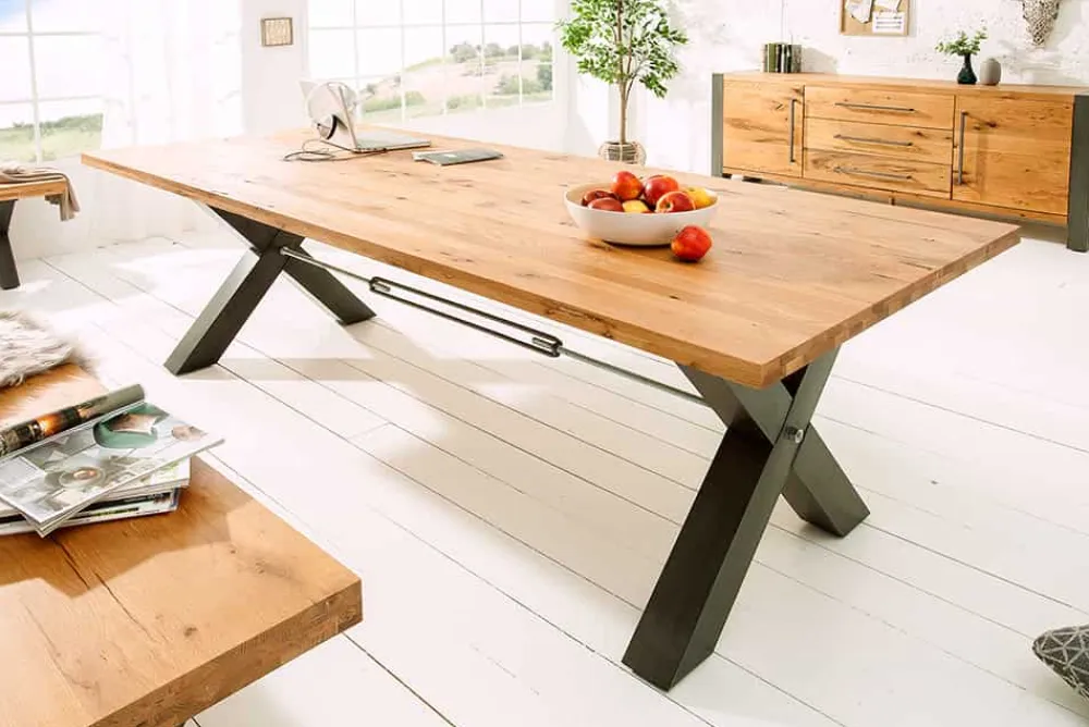 Riess-Ambiente Mehr...|Massivholzesstische > Massivholz Esstisch THOR 240cm natur Wildeiche geölt graues X-Gestell Metall Industrial Design