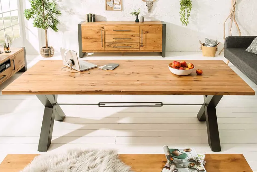 Riess-Ambiente Mehr...|Massivholzesstische > Massivholz Esstisch THOR 240cm natur Wildeiche geölt graues X-Gestell Metall Industrial Design