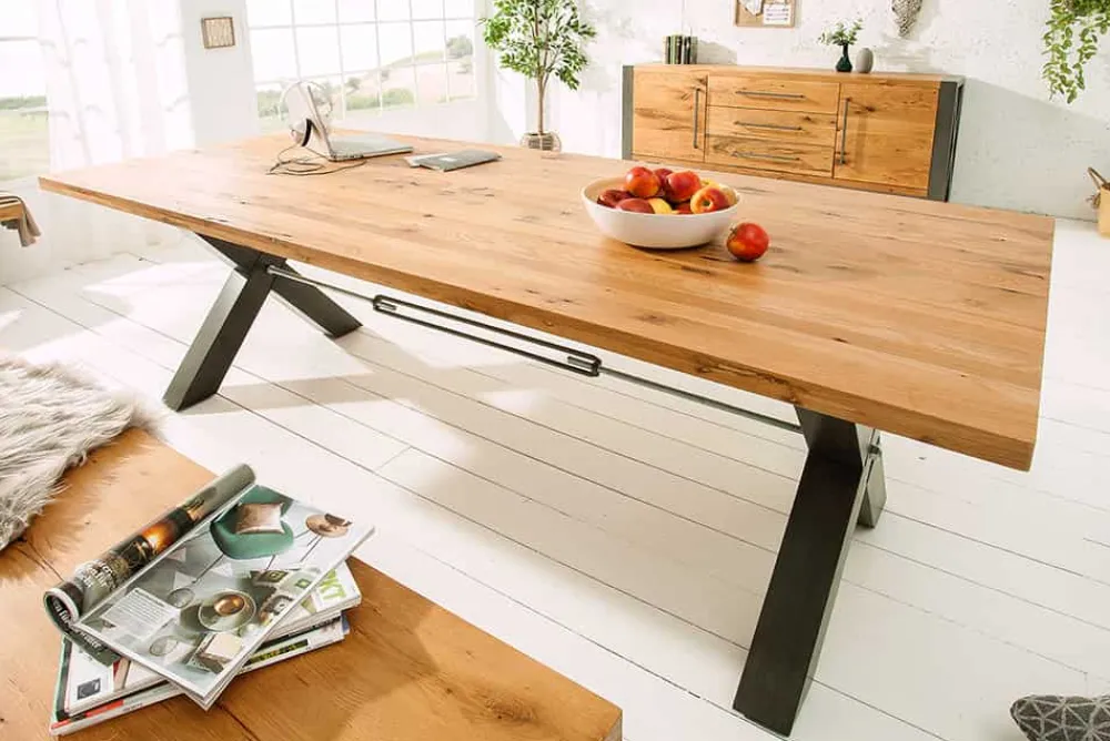 Riess-Ambiente Mehr...|Massivholzesstische > Massivholz Esstisch THOR 240cm natur Wildeiche geölt graues X-Gestell Metall Industrial Design