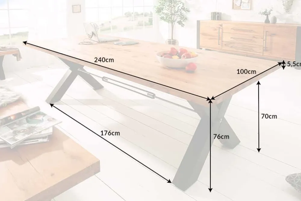 Riess-Ambiente Mehr...|Massivholzesstische > Massivholz Esstisch THOR 240cm natur Wildeiche geölt graues X-Gestell Metall Industrial Design