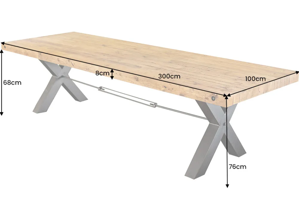 Riess-Ambiente Esstische|Mehr... > Massivholz Esstisch THOR 300cm vintage braun Pinie recycelt Industrial Design Eisen X-Gestell
