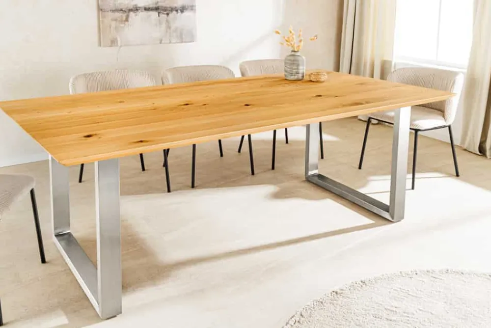 Riess-Ambiente Esstische|Mehr... > Massivholz Esstisch WILD OAK 160cm natur Wildeiche Schweizer Kante Edelstahl U-Gestell