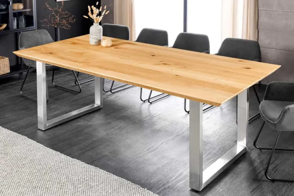 Riess-Ambiente Esstische|Mehr... > Massivholz Esstisch WILD OAK 160cm natur Wildeiche Schweizer Kante Edelstahl U-Gestell