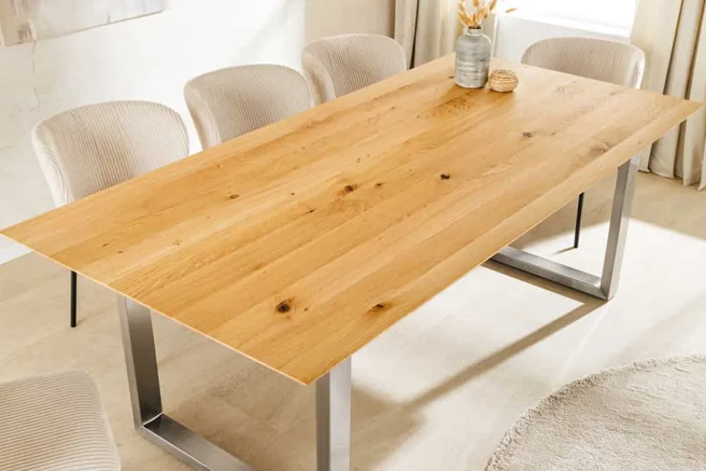 Riess-Ambiente Esstische|Mehr... > Massivholz Esstisch WILD OAK 160cm natur Wildeiche Schweizer Kante Edelstahl U-Gestell