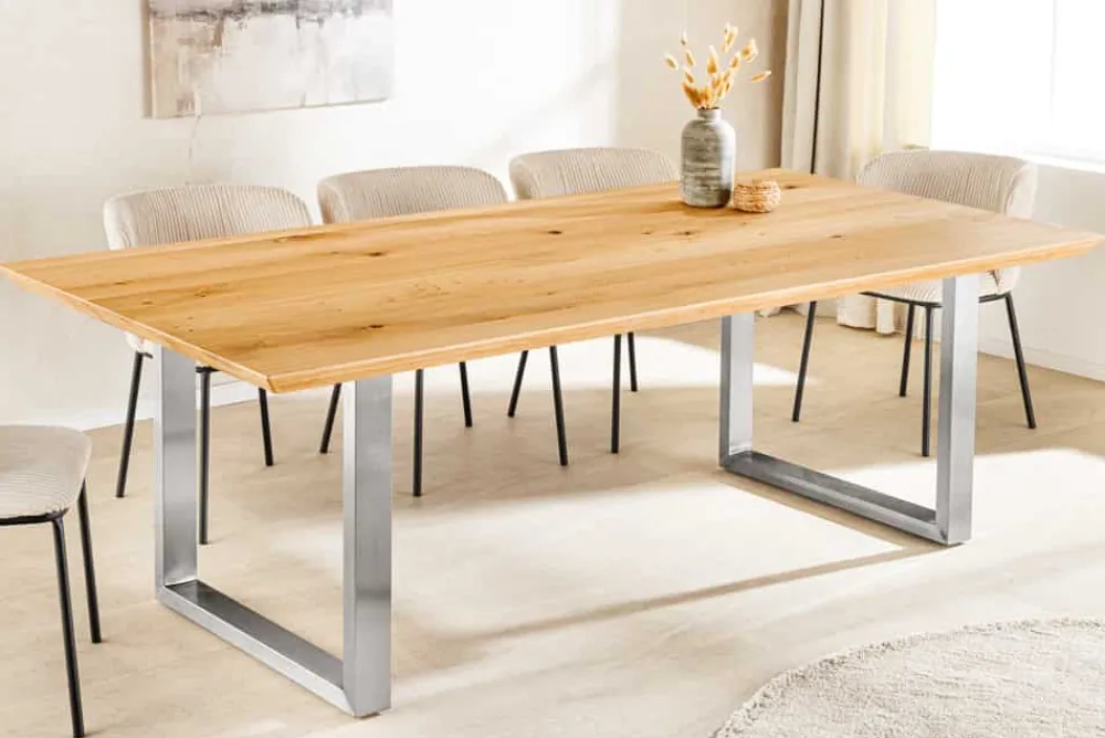 Riess-Ambiente Esstische|Mehr... > Massivholz Esstisch WILD OAK 160cm natur Wildeiche Schweizer Kante Edelstahl U-Gestell