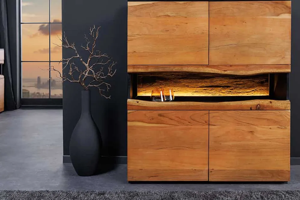 Riess-Ambiente Mehr...|Massivholzschränke > Massivholz Highboard GRAND ACACIA 120cm braun Akazie mit LED-Beleuchtung Baumkante