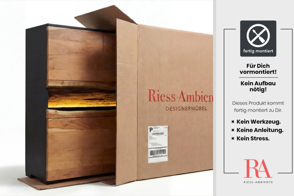 Riess-Ambiente Mehr...|Massivholzschränke > Massivholz Highboard GRAND ACACIA 120cm braun Akazie mit LED-Beleuchtung Baumkante