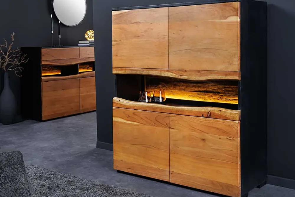 Riess-Ambiente Mehr...|Massivholzschränke > Massivholz Highboard GRAND ACACIA 120cm braun Akazie mit LED-Beleuchtung Baumkante