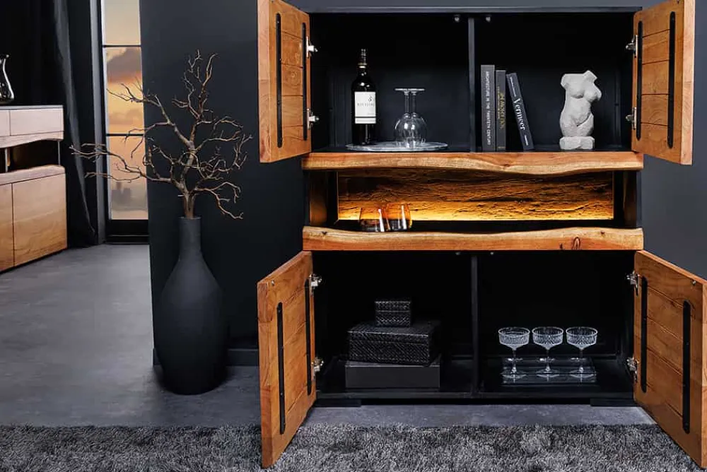 Riess-Ambiente Mehr...|Massivholzschränke > Massivholz Highboard GRAND ACACIA 120cm braun Akazie mit LED-Beleuchtung Baumkante