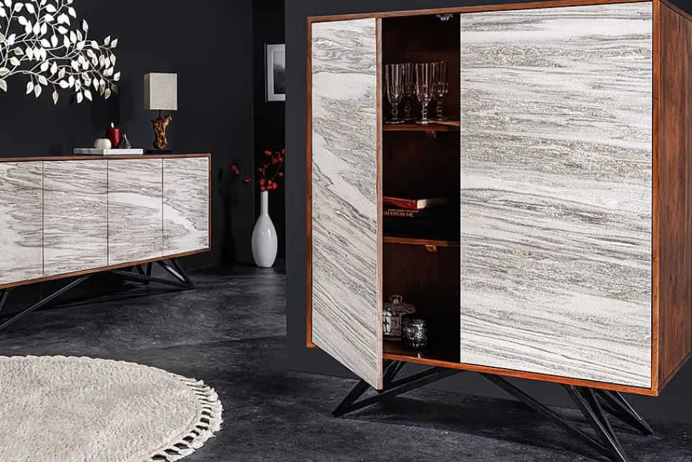 Riess-Ambiente Mehr...|Massivholzschränke > Massivholz Highboard MOUNTAIN SOUL 120cm echter Naturstein weiß Akazie Schrank Marmor-Design