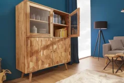 Riess-Ambiente Highboards|Vitrinen > Massivholz Highboard MYSTIC LIVING 140cm Akazie natur Vitrine 3D-Oberfläche