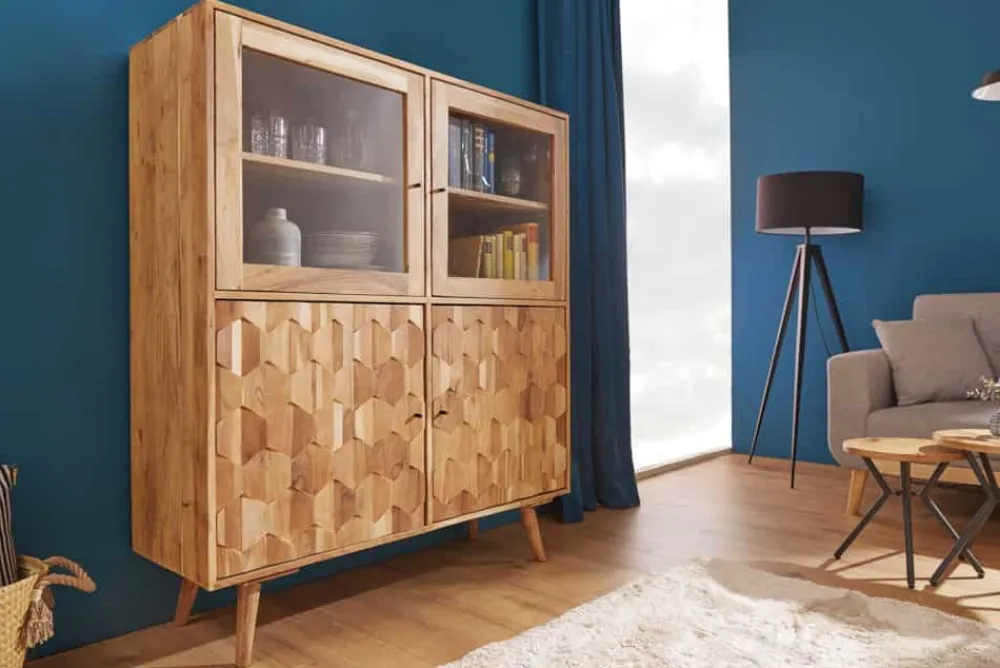 Riess-Ambiente Highboards|Vitrinen > Massivholz Highboard MYSTIC LIVING 140cm Akazie natur Vitrine 3D-Oberfläche