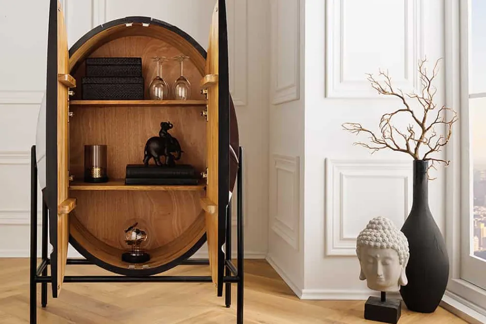 Riess-Ambiente Mehr...|Massivholzschränke > Massivholz Highboard VOODOO 120cm braun weiß schwarz Mangoholz mit 3D Schnitzereien oval Metallgestell