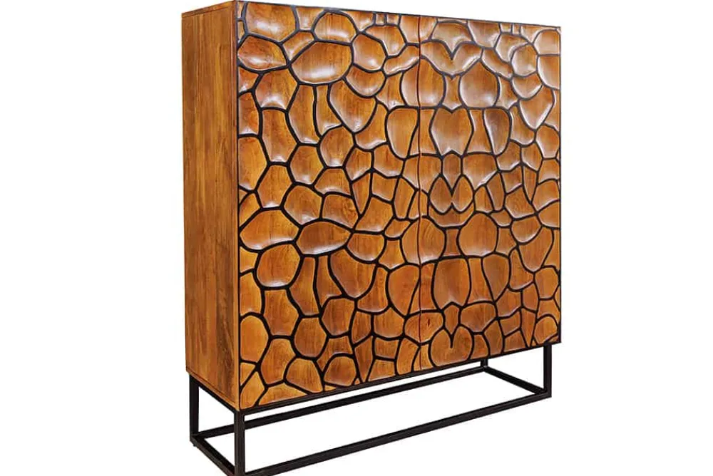 Riess-Ambiente Mehr...|Massivholzschränke > Massivholz Highboard VULCANO 120cm braun Mangoholz mit 3D Schnitzereien handmade Metallgestell schwarz